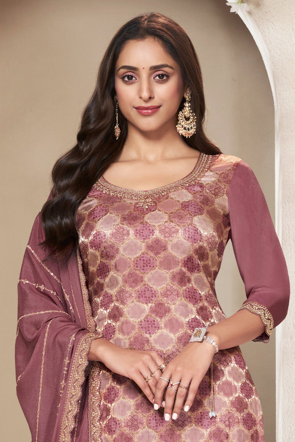 Dark Mauve Color Organza Silk Woven & Embroidered Suit with Sharara
