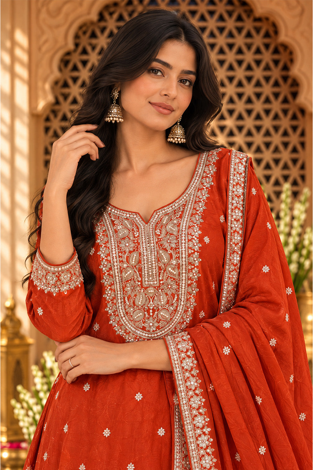 Rust Crepe Silk Embroidered Suit With Sharara