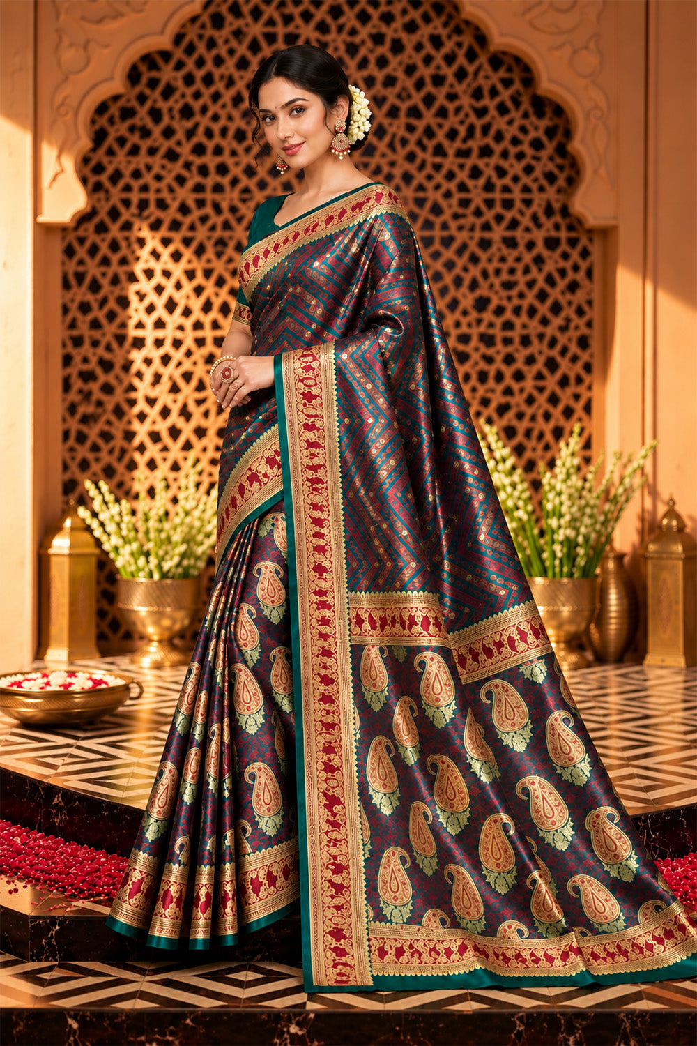 Teal Mulbary Banarasi Silk Woven Saree