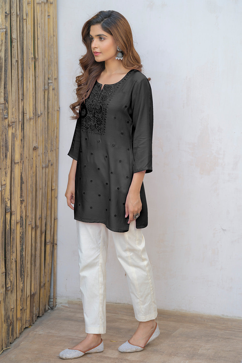 Black Color Neck Embroidered Cotton Kurti