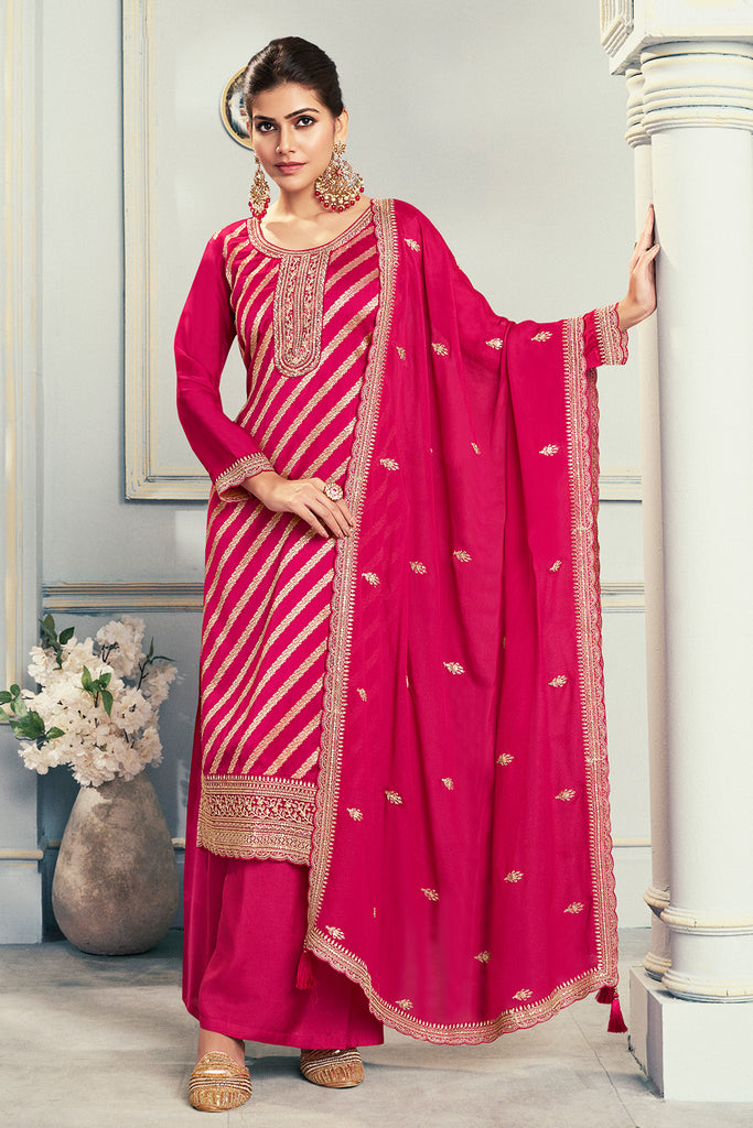Red Embroidered & Woven Chanderi Silk Unstitched Suit Fabric