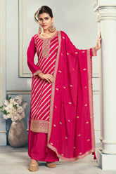 Red Embroidered & Woven Chanderi Silk Unstitched Suit Fabric