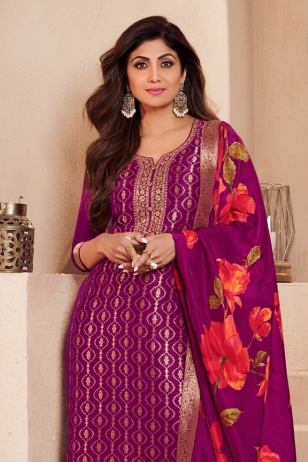 Mulberry Color Zari Woven & Embroidered Silk Suit