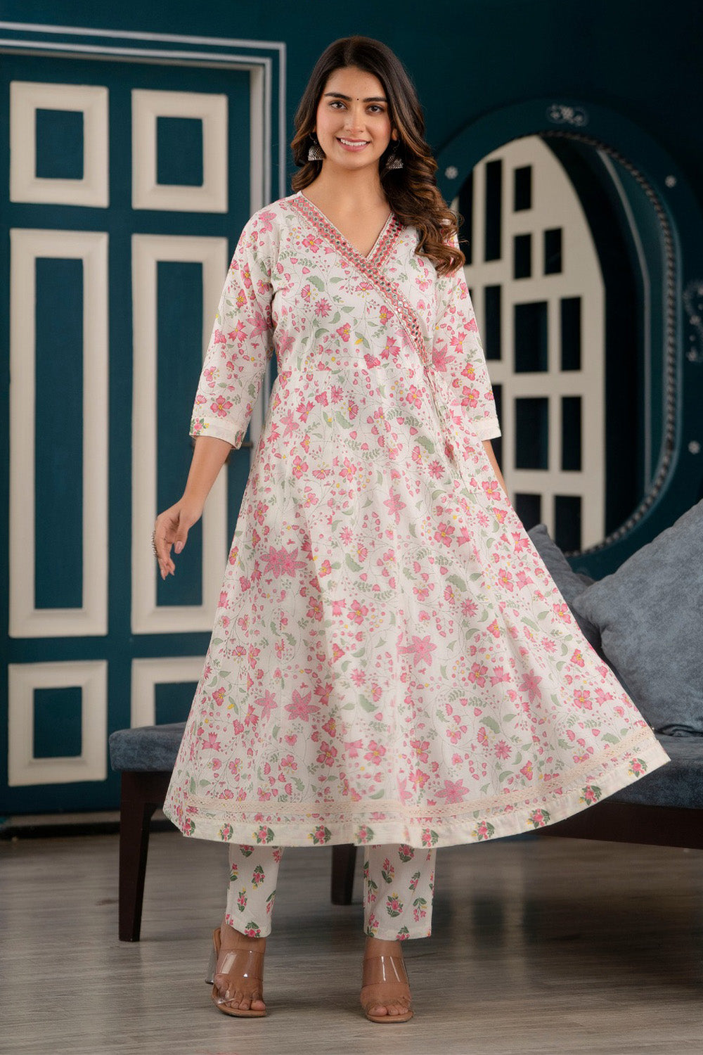 Cream Color Floral Printed Cotton Anarkali Suit