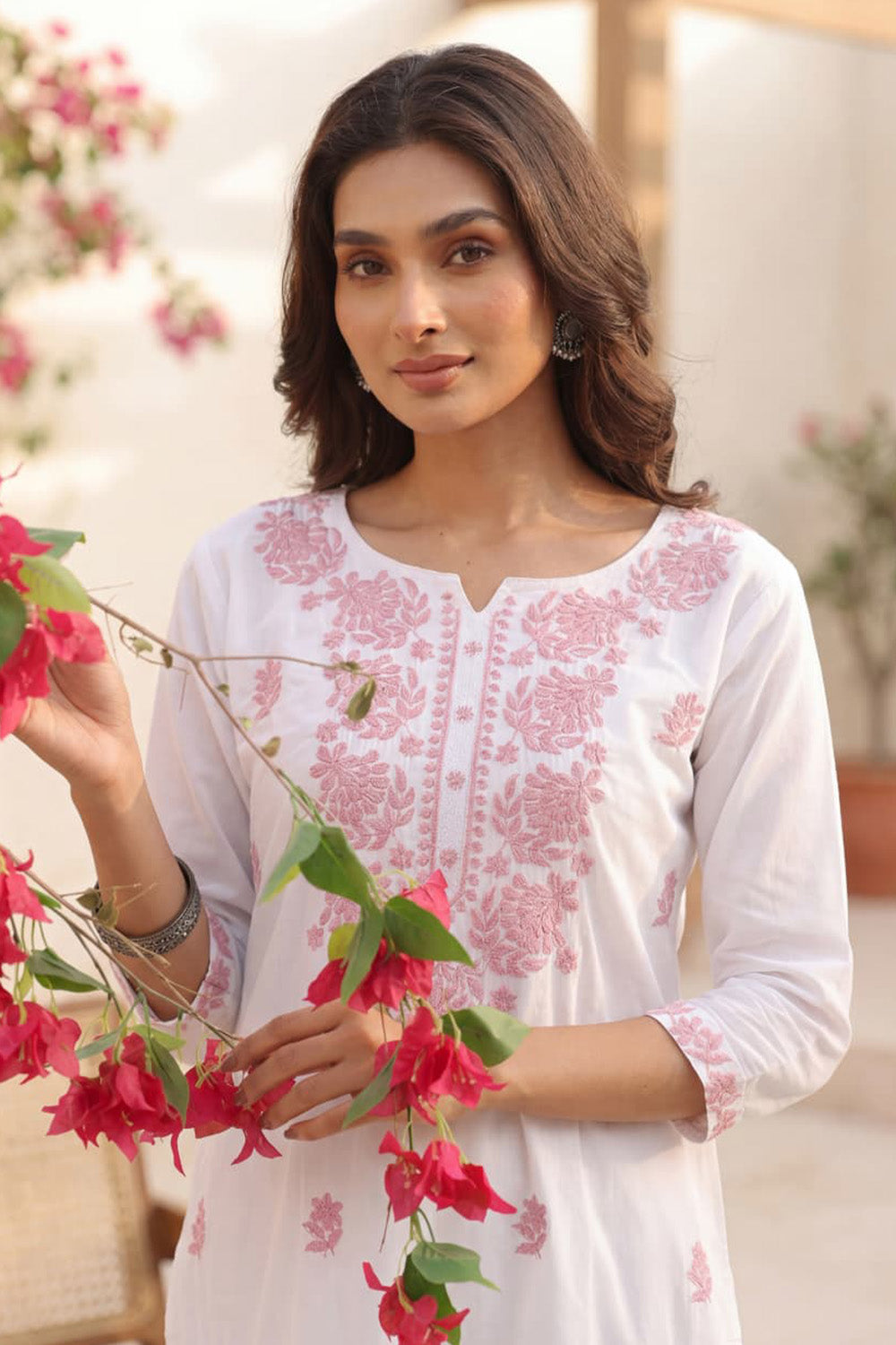 White & Pink Resham Embroidered Kurta