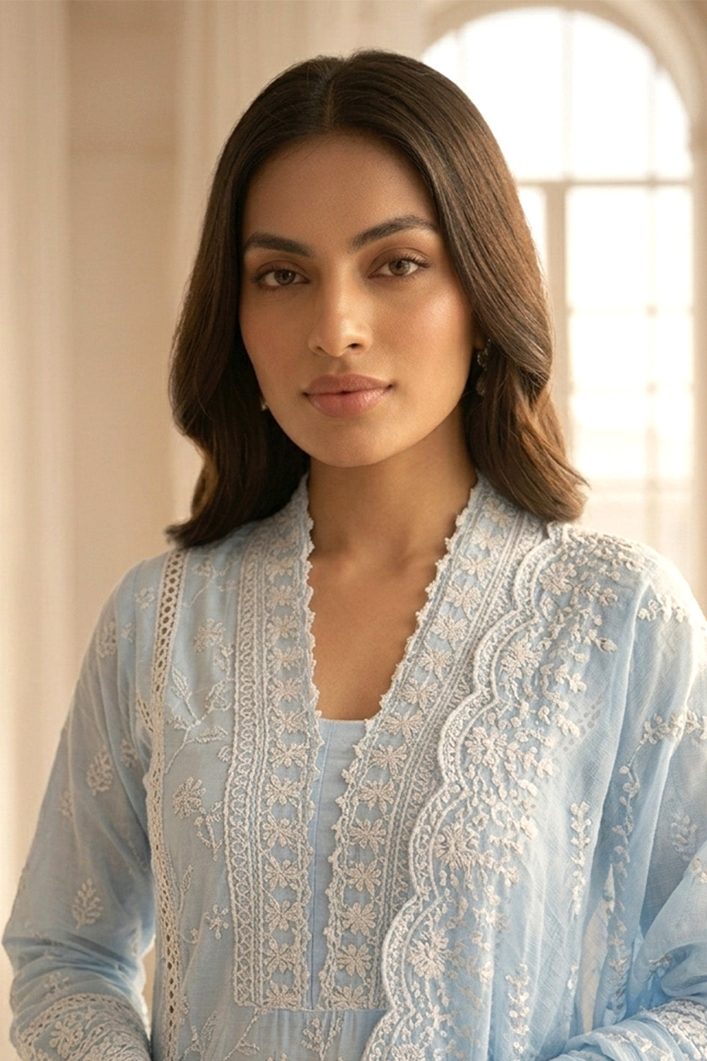 Light Blue Mul Cotton Chikankari Work Suit Set