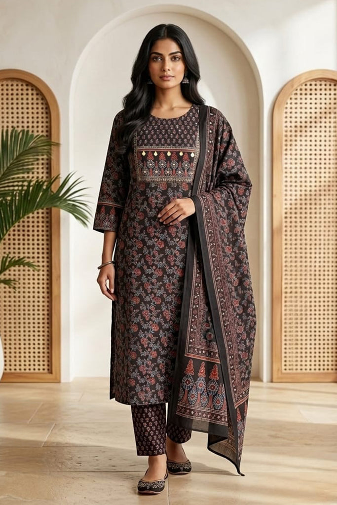 Black Color Cotton Floral Printed Suit