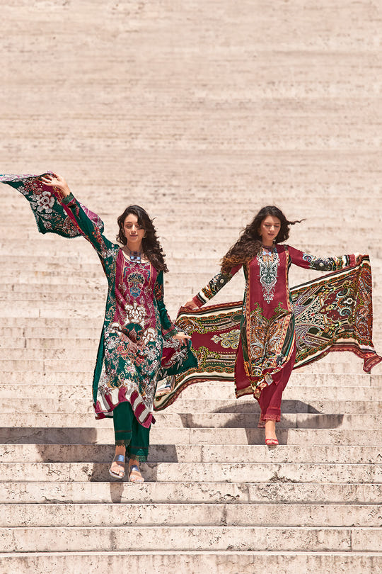 Bottle Green Color Spun Printed Unstitched Suit Material