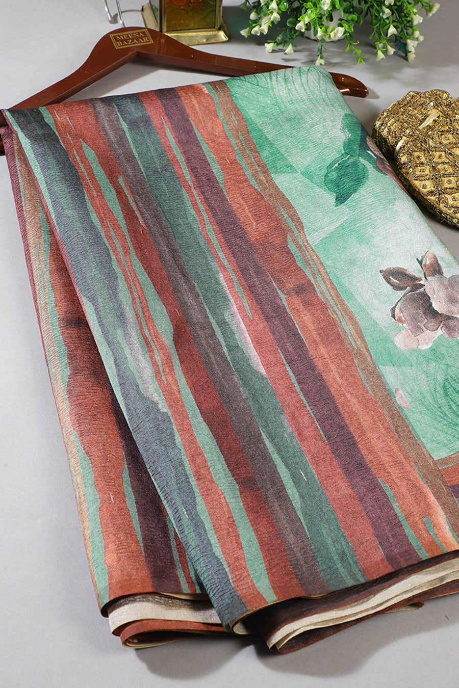 Sea Green Printed Tussar Silk Saree