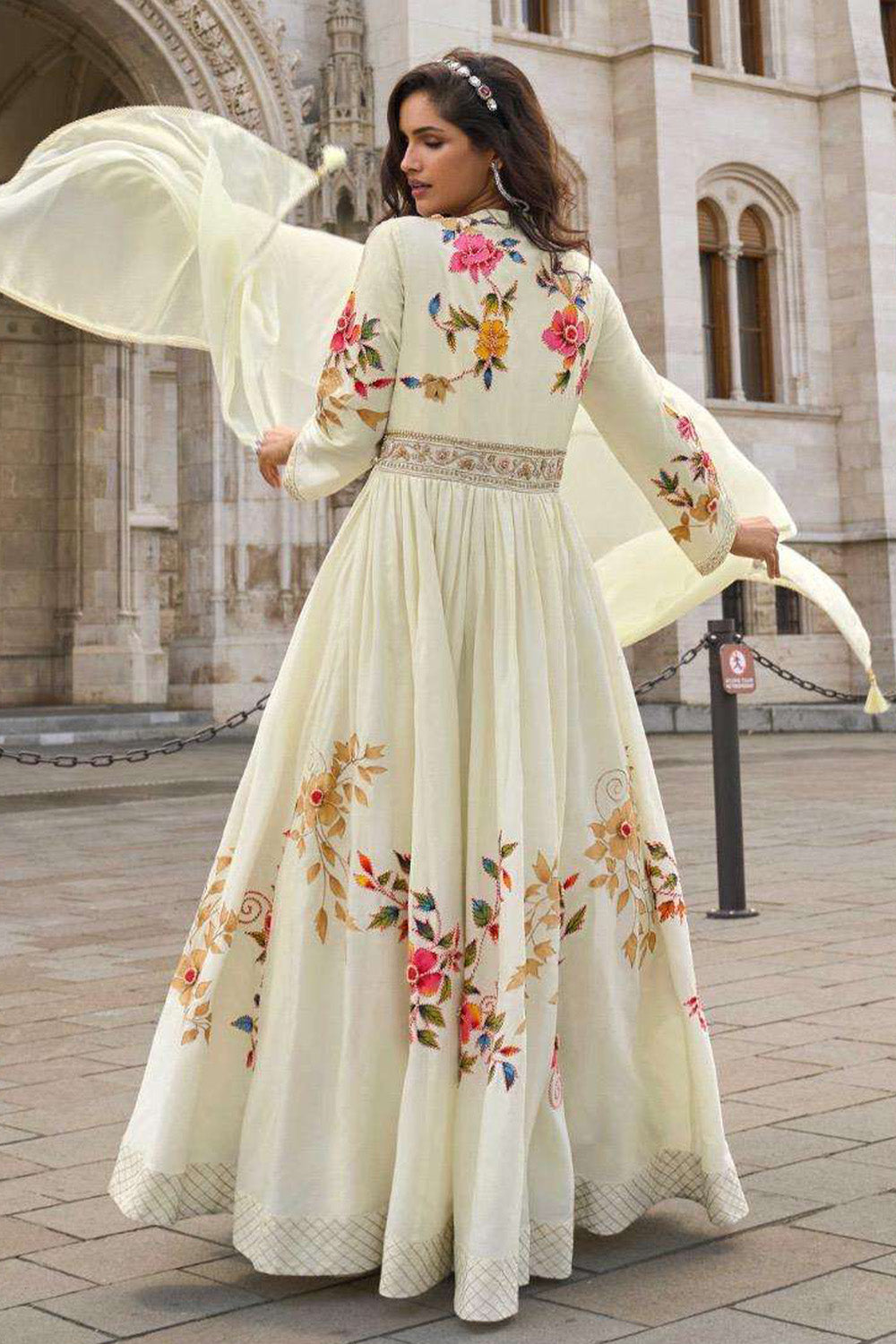 Cream Silk Floral Printed And Zari Embroidered Alia Cut Anarkali Gown