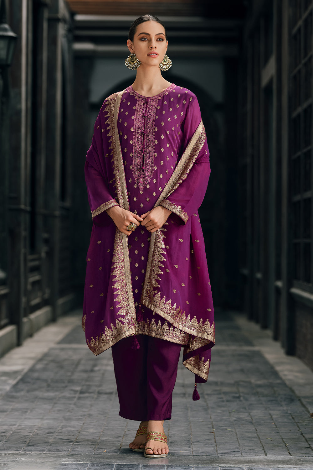 Purple Color Embroidered Organza Unstitched Suit Material
