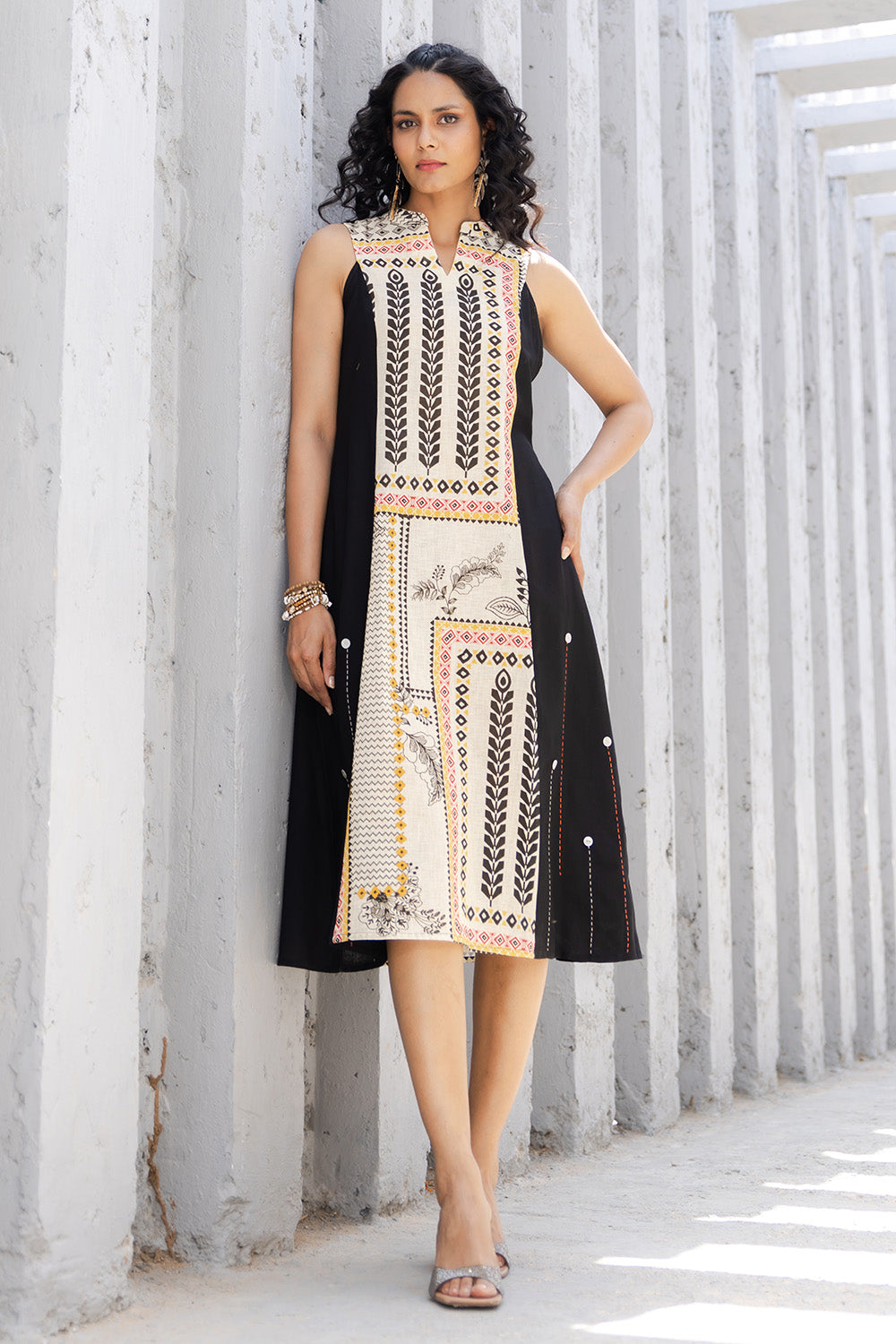Cream & Black Colour Cotton Printed Peonies Dress
