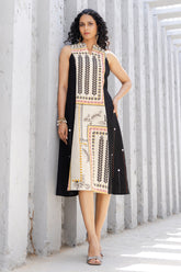 Cream & Black Colour Cotton Printed Peonies Dress