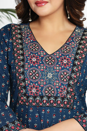 Peacock Blue Color Cotton Printed Anarkali Suit