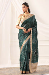 Bottle Green Tussar Silk Floral Printed and Zari Woven Saree
