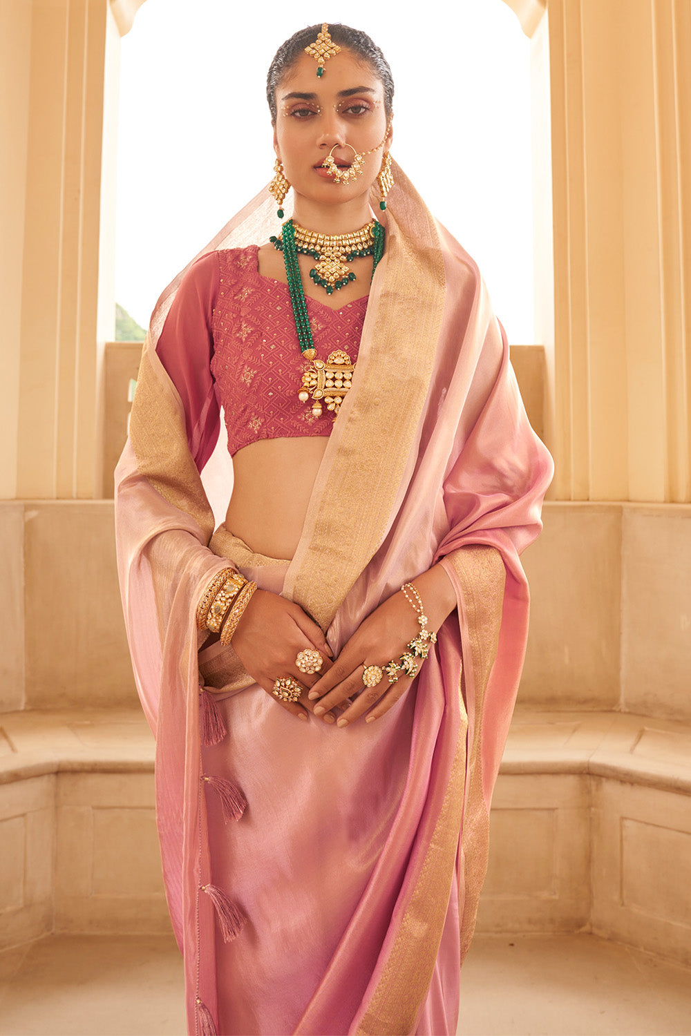 Coral Color Organza Silk Woven Saree