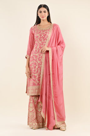 Peach Color Crepe Silk Zari Embroidered Suit With Sharara