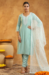 Powder Blue Color Cotton Neck Embroidered Unstitched Suit Fabric