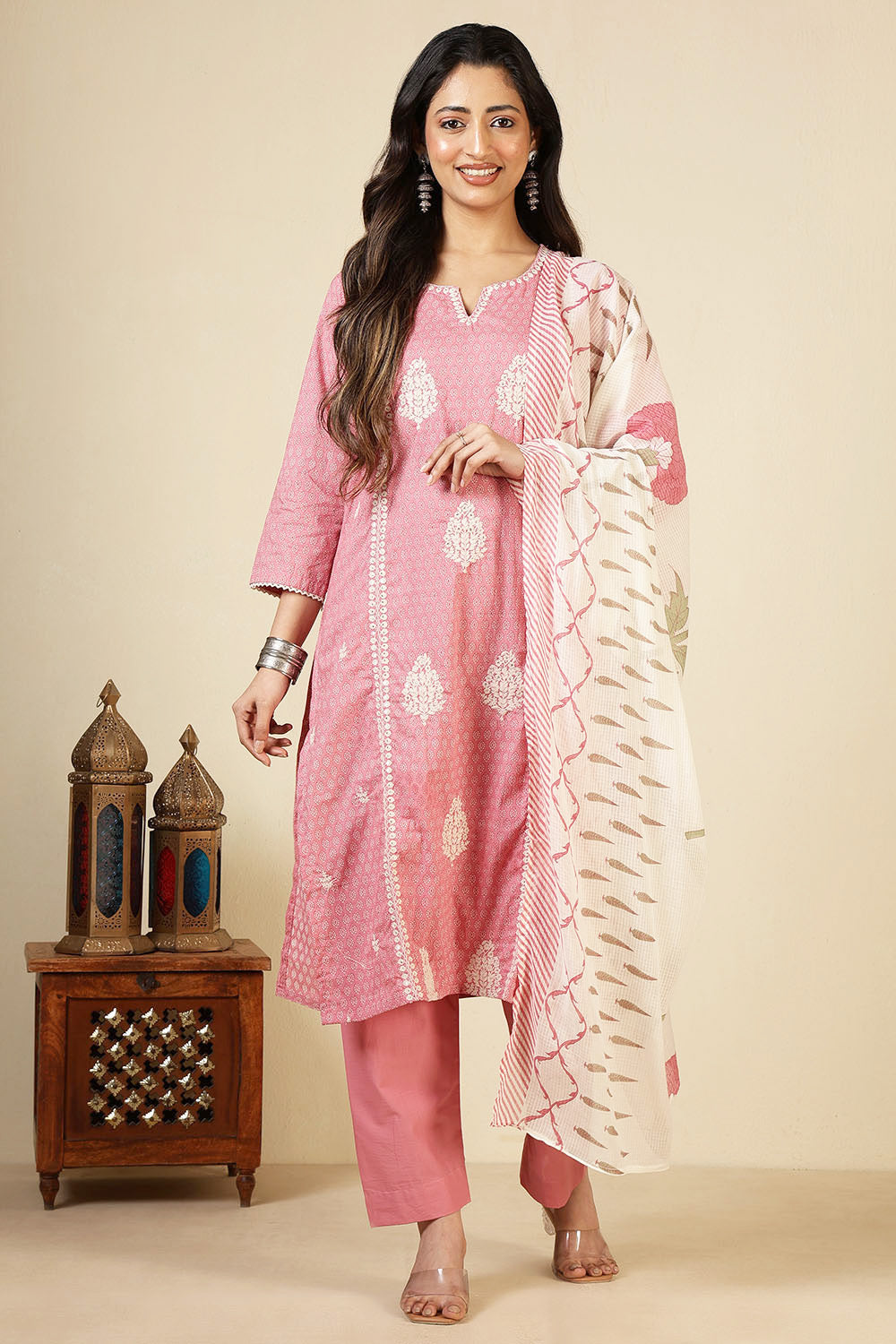 Pink Cotton Emboridered And Printed Suit Set