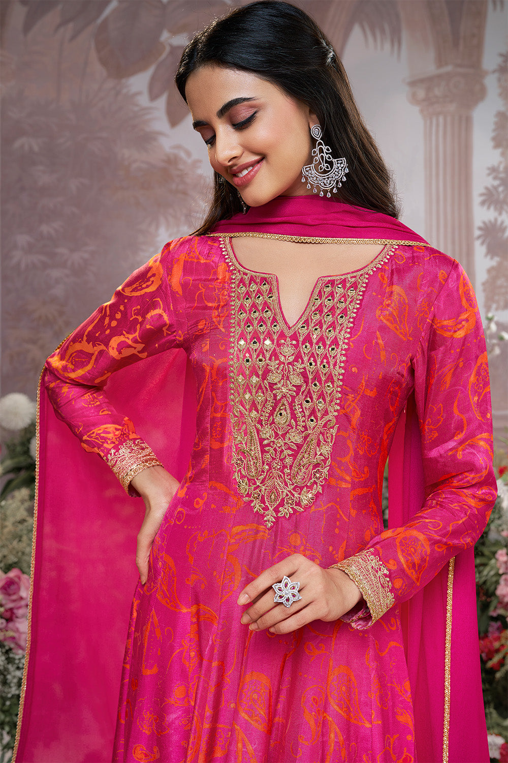 Magenta Pink Printed & Emboridered Anarkali Suit