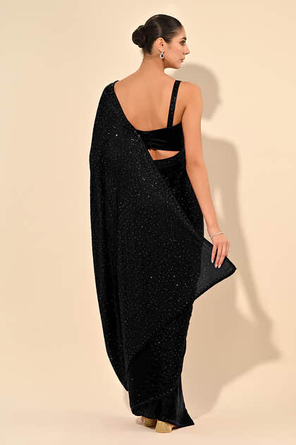 Black Color Satin Swarovski Work Saree