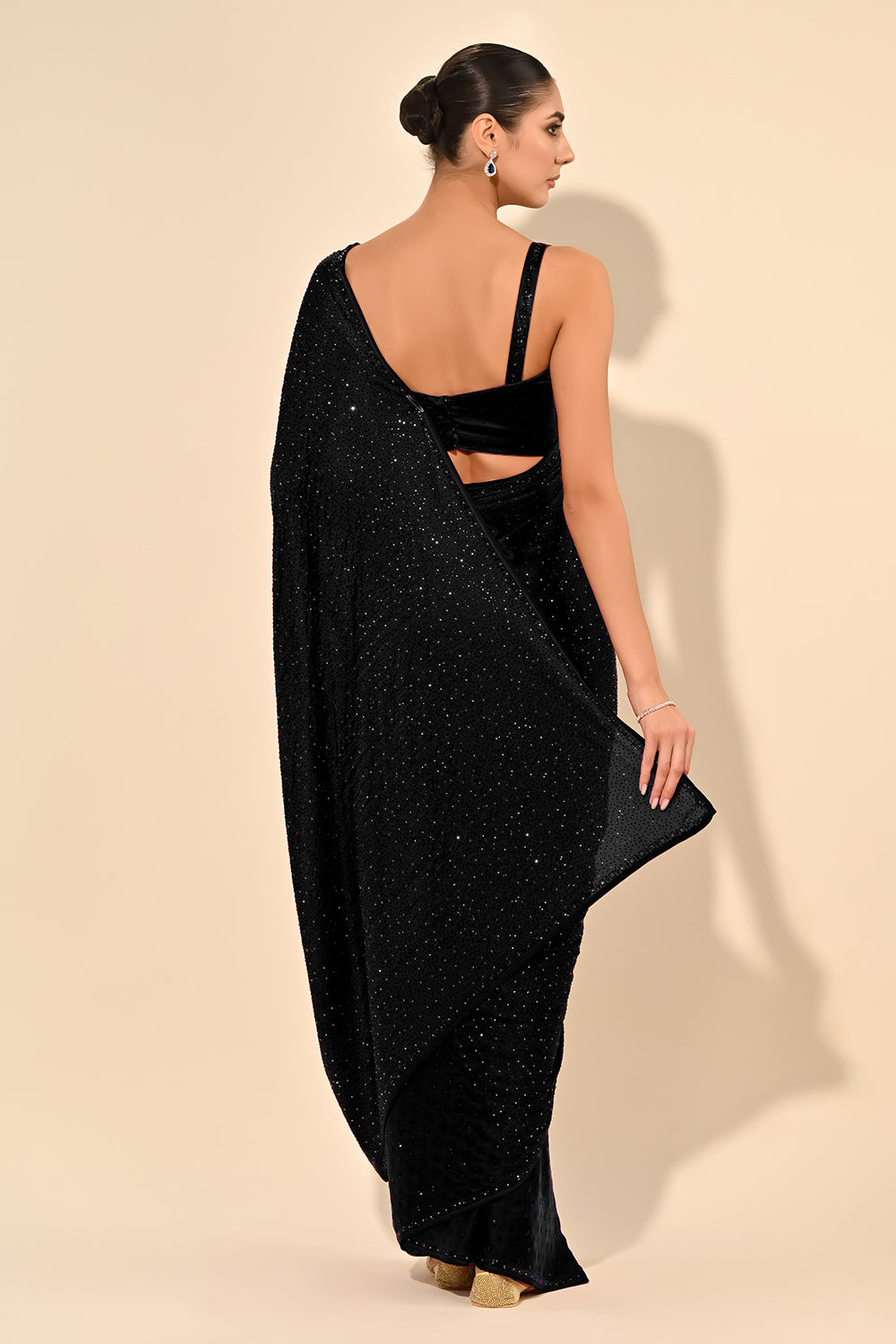 Black Color Satin Swarovski Work Saree