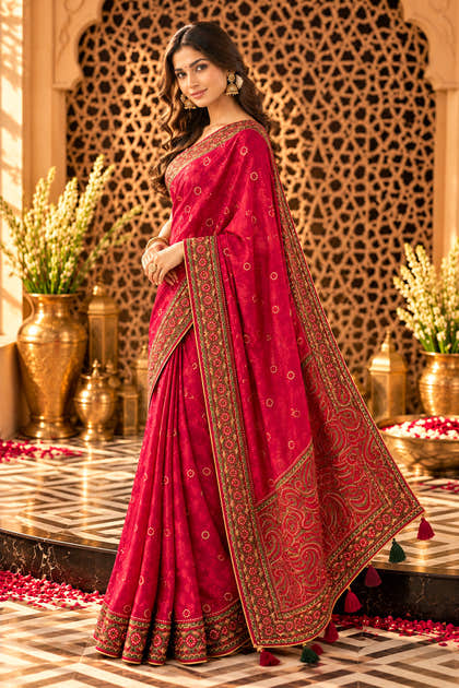 Rani Woven And Embroidered Crepe Saree