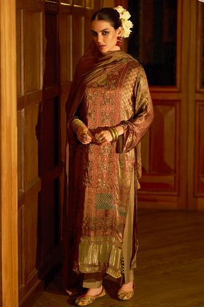 Brown Spun Printed Unstitched Suit Material