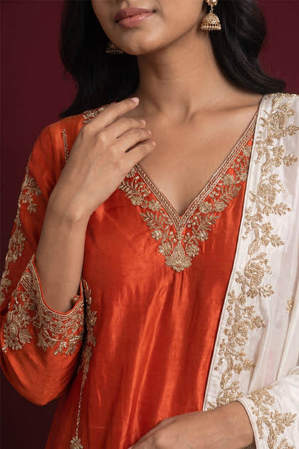 Rust Color Sequins And Cut-Dana Embroidered Suit With Pallazo