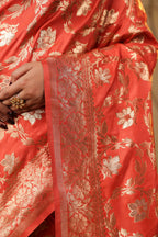 Dark Peach Zari Floral Woven Silk Saree