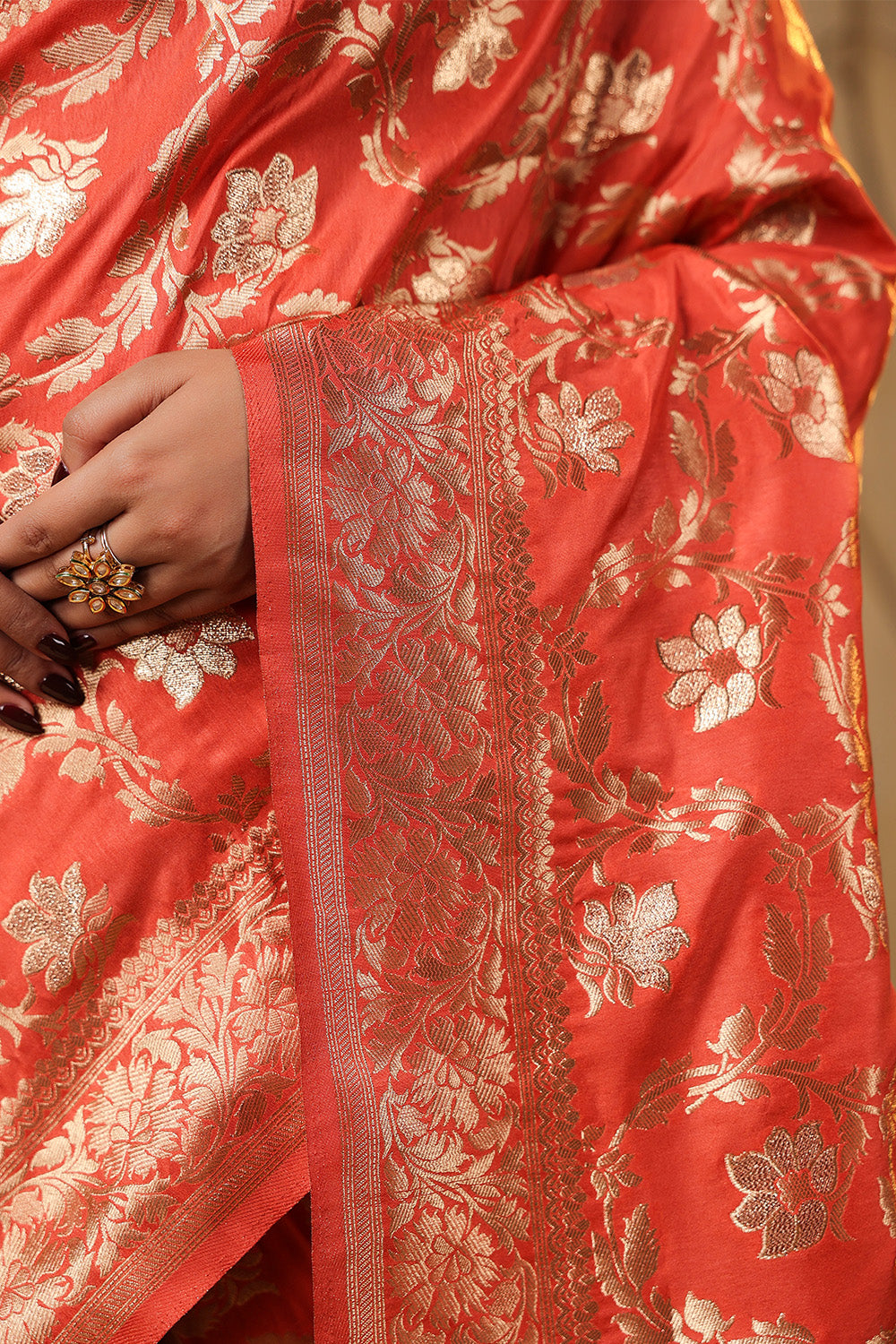 Dark Peach Zari Floral Woven Silk Saree