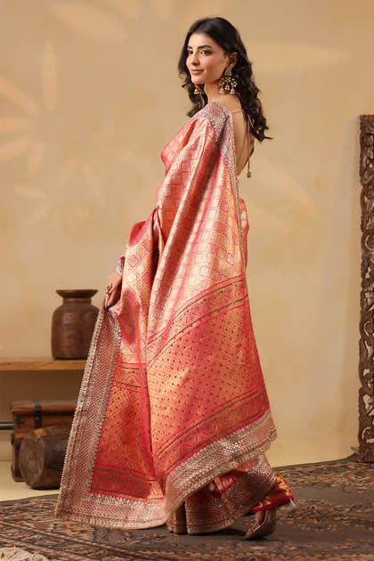 Cherry Red & Gold Color Woven Saree
