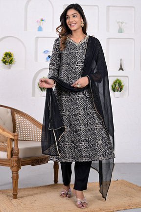 Black Color Printed Muslin Neck Embroidered Suit