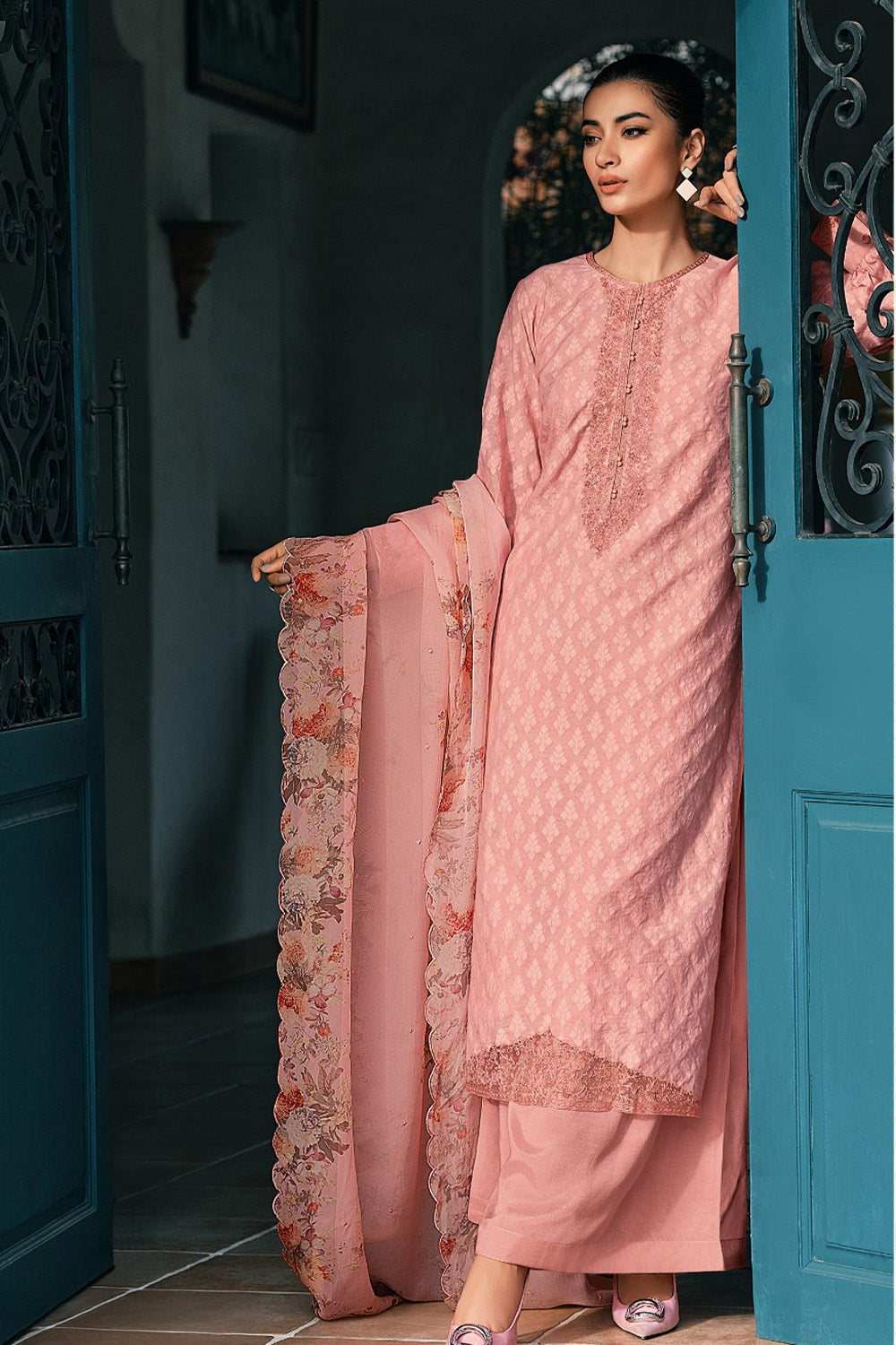 Pink Printed And Embroidered Cotton Unstitched Suit