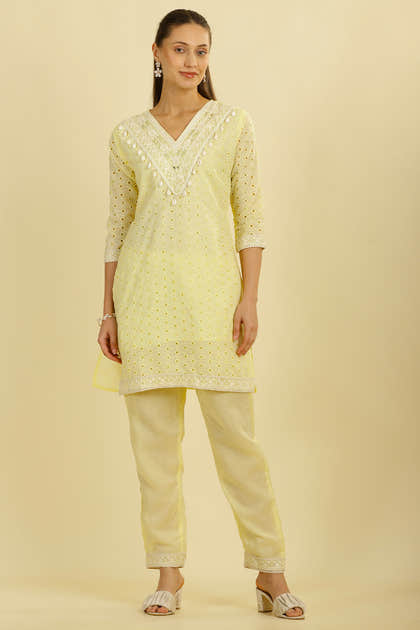 Pale Yellow Cotton Hacoba Style Neck-Embroidered Kurta Set