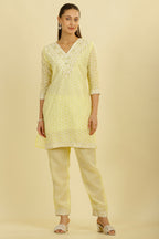 Pale Yellow Cotton Hacoba Style Neck-Embroidered Kurta Set