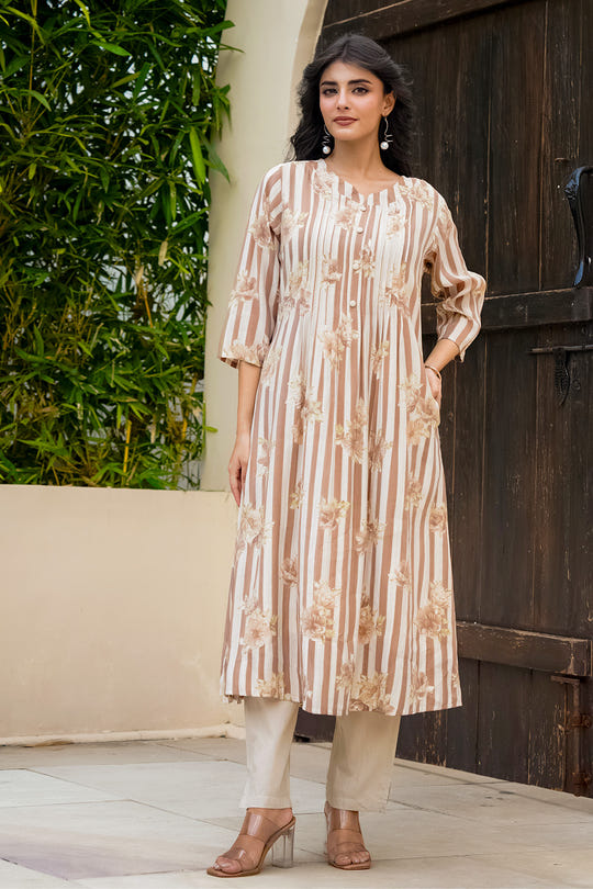 Light Brown Muslin Floral Printed Kurta Set