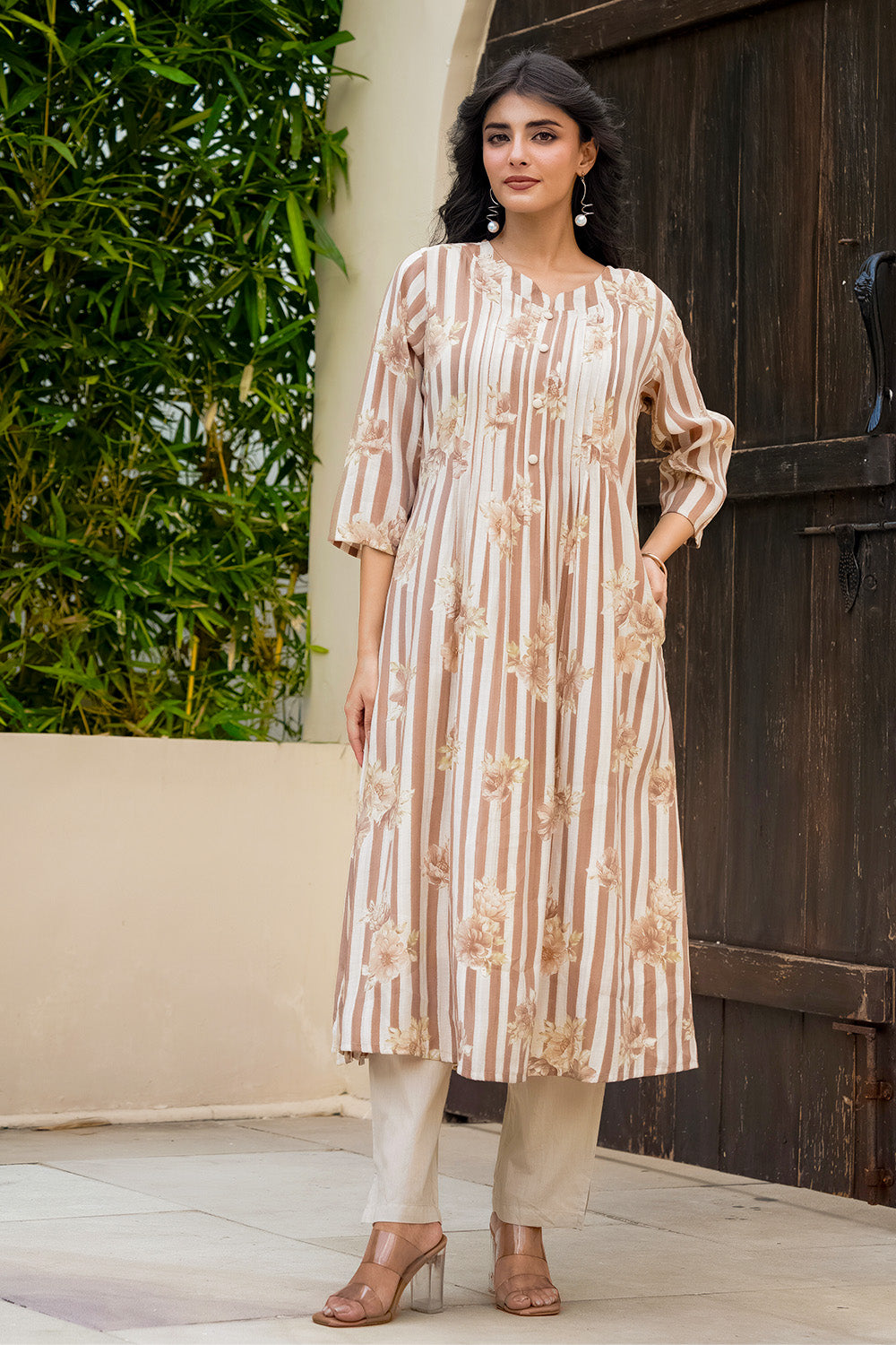 Light Brown Muslin Floral Printed Kurta Set