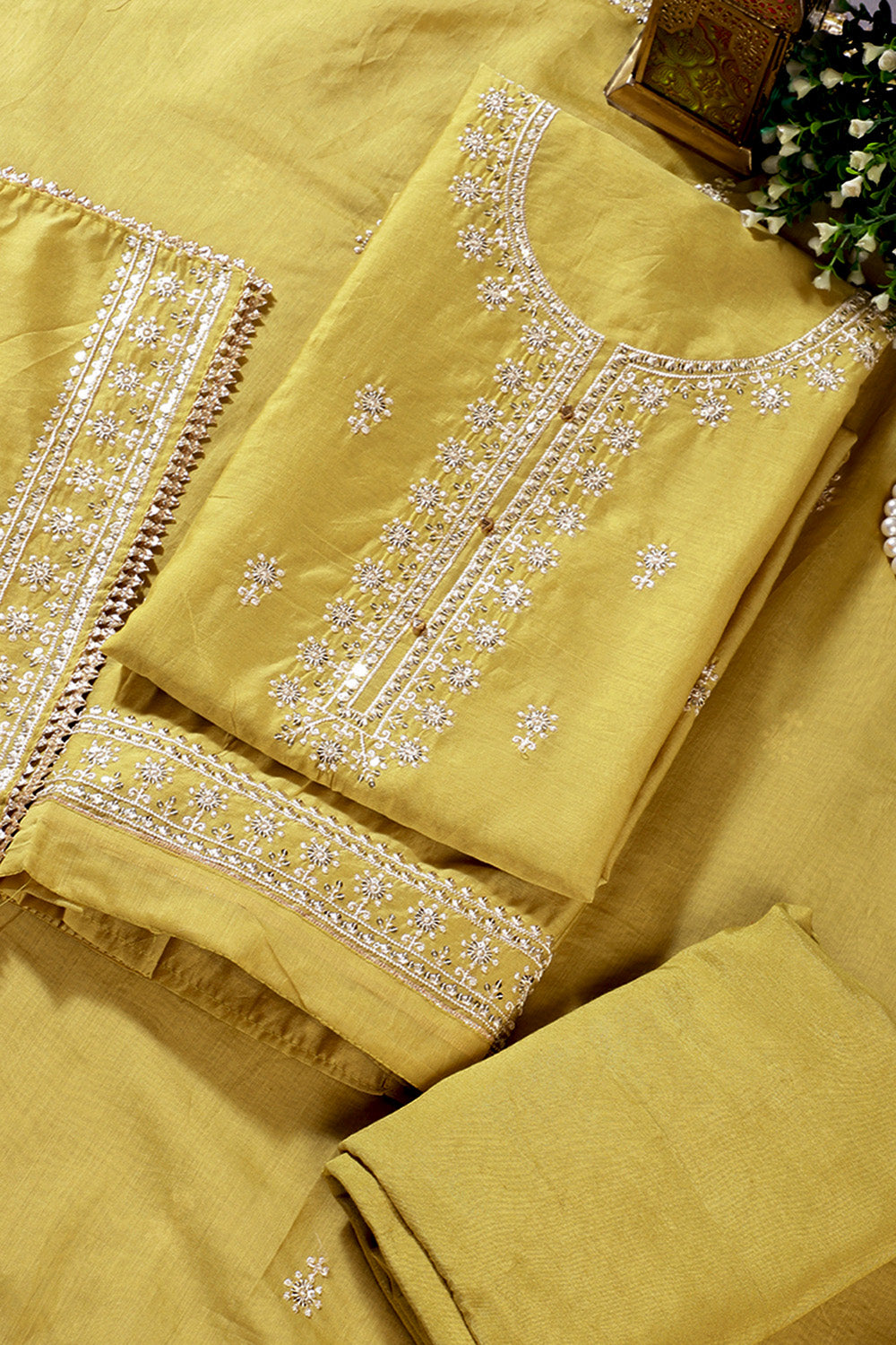Mindaro Green Chanderi Silk Resham Embroidered Unstitched Suit Material