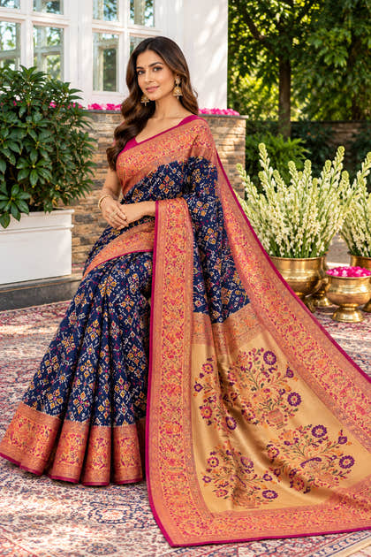 Navy Silk Printed And Woven Border Saree