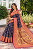 Navy Silk Printed And Woven Border Saree
