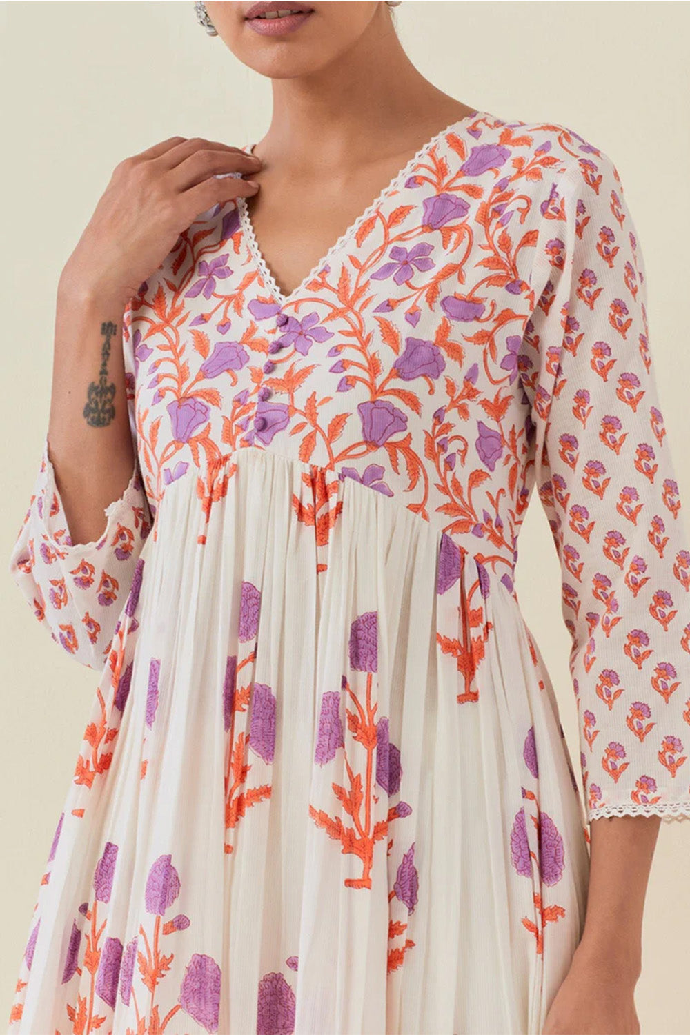White Color Cotton Floral Printed Anarkali Suit with Palazzo,