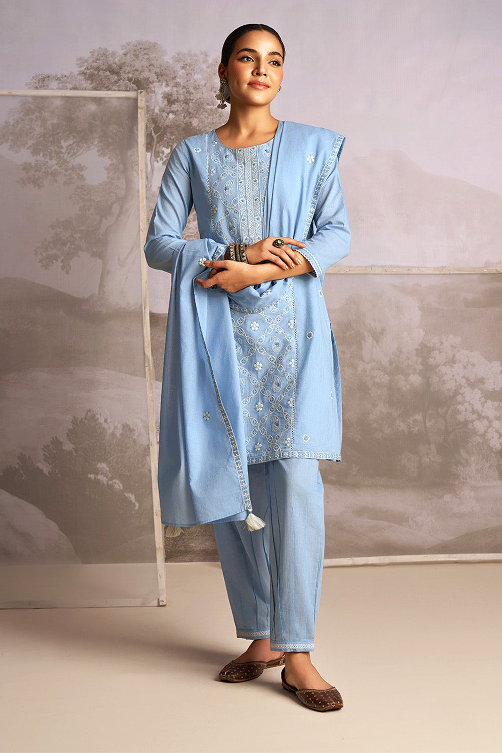 Powder Blue Color Cotton Resham Embroidered Suit