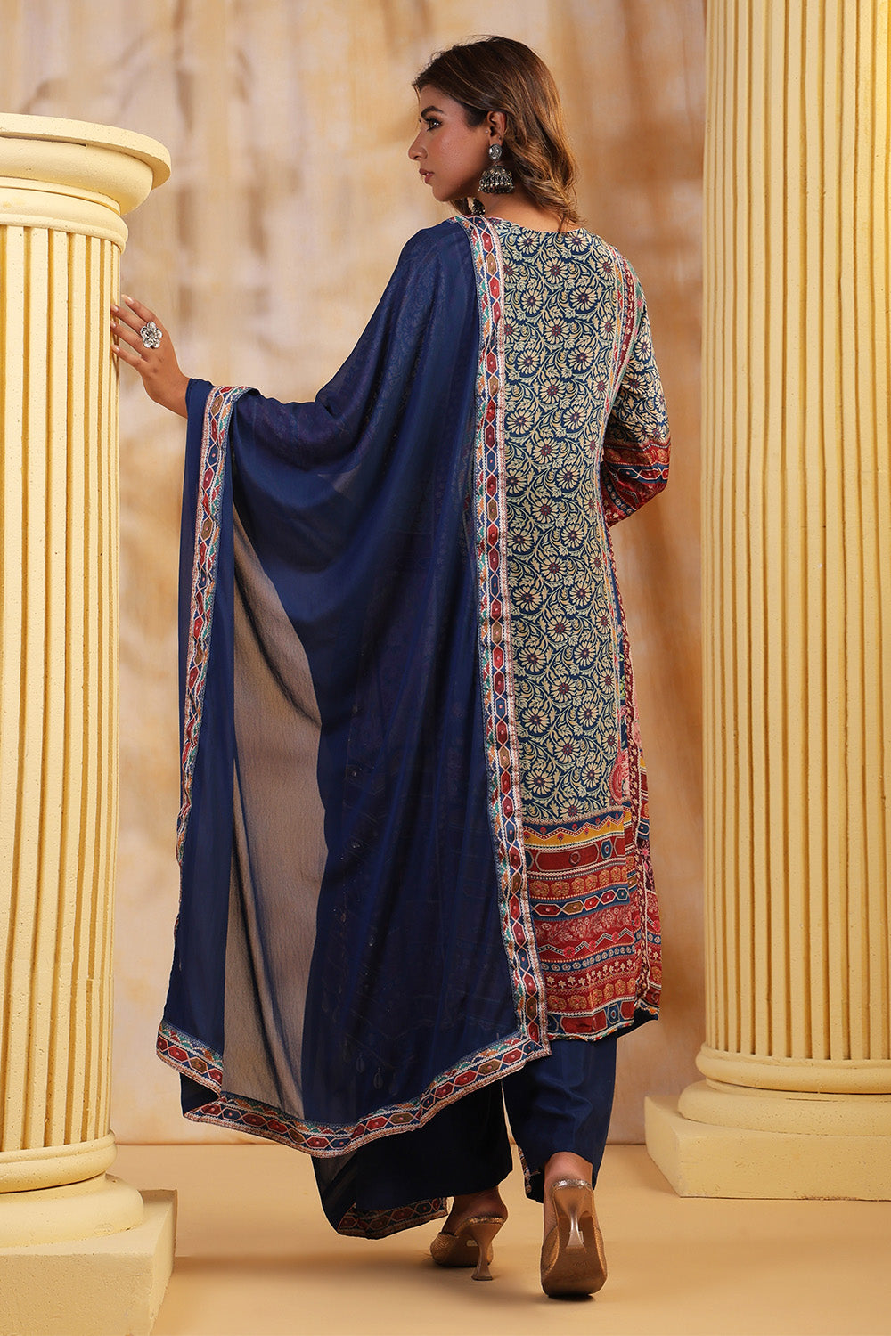 Blue Color Crepe Embroidered and Printed Suit
