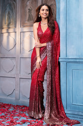 Red & Maroon Ombre Sequins Embroidered Georgette Saree