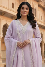 Lavender Malmal Cotton Resham And Zari Embroidered Suit