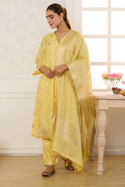 Yellow Chanderi Cotton Zari Woven Unstitched Suit Material