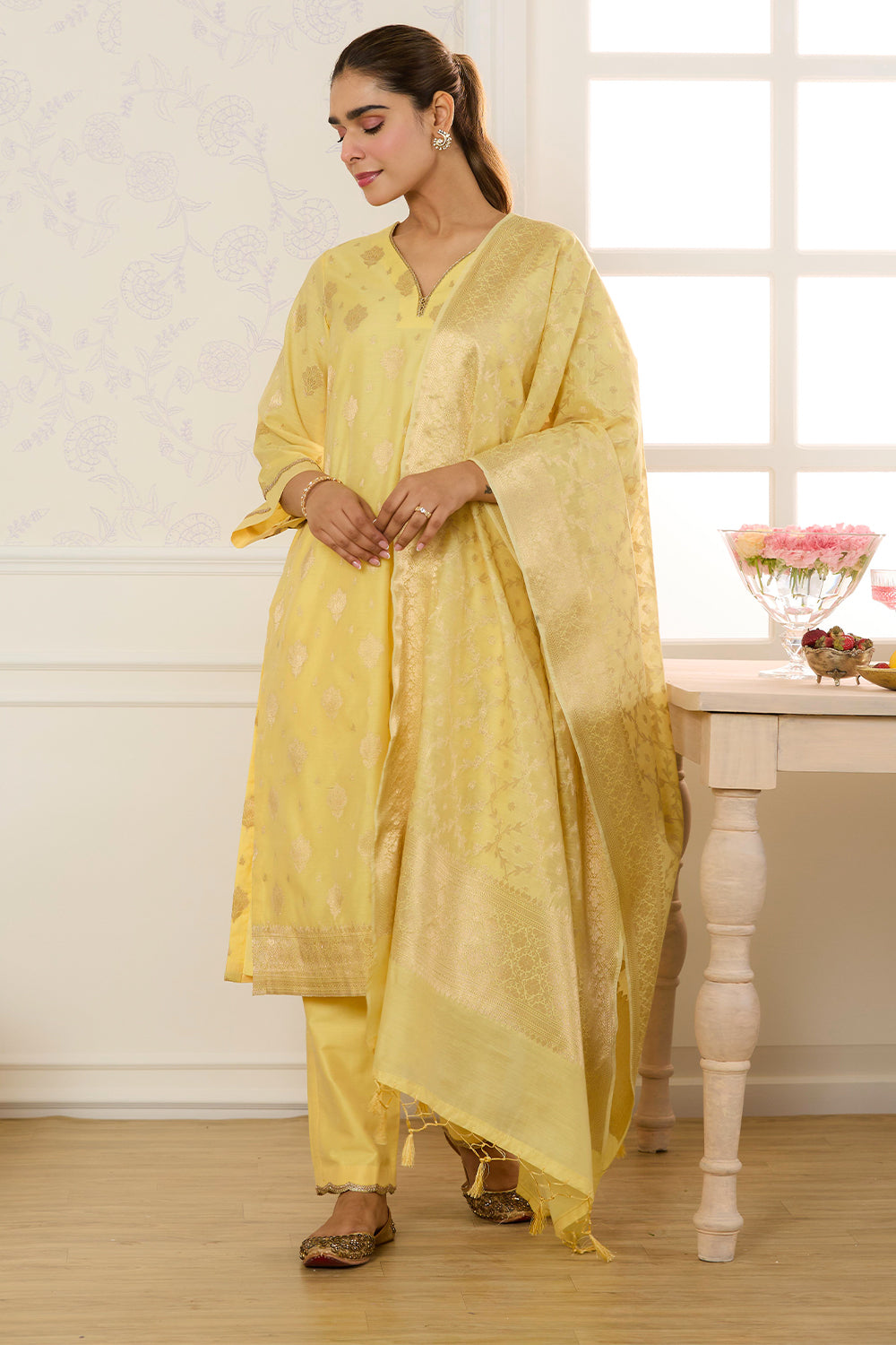 Yellow Chanderi Cotton Zari Woven Unstitched Suit Material