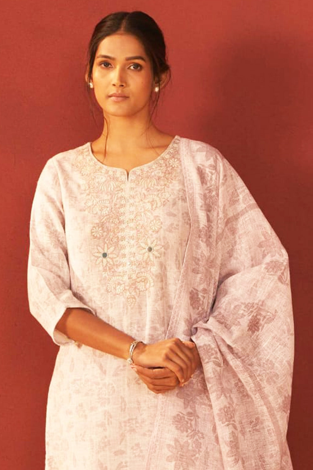 Baby Pink Color Khadi Cotton Floral Printed and Neck Embroidered Suit