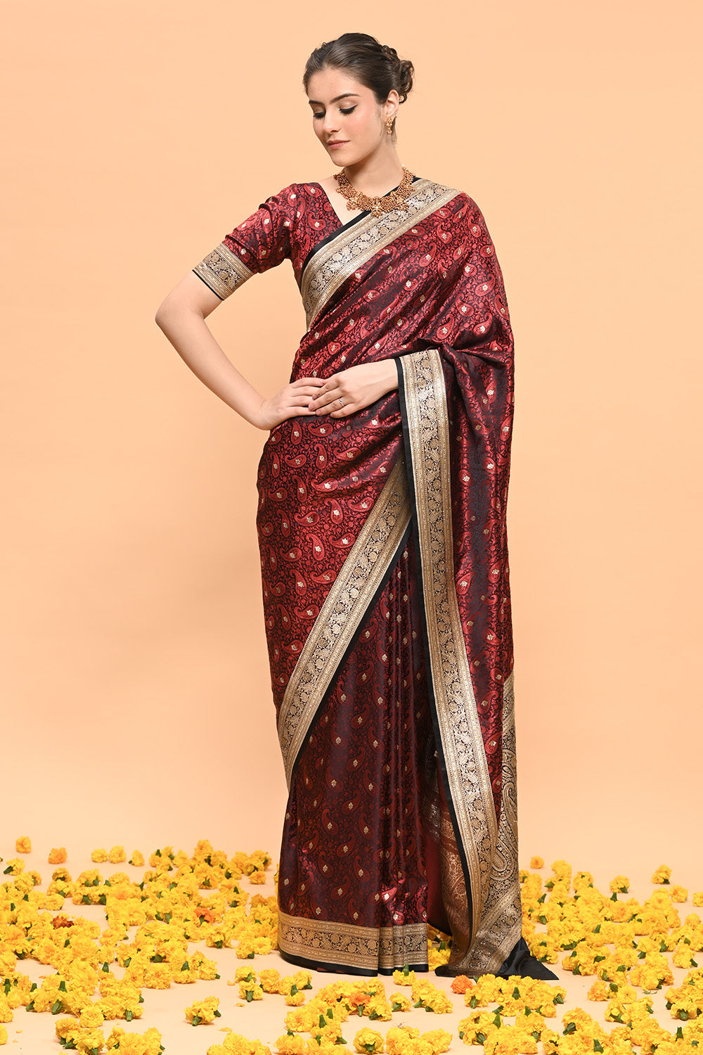 Black & Maroon Color Banarasi Silk Woven Saree